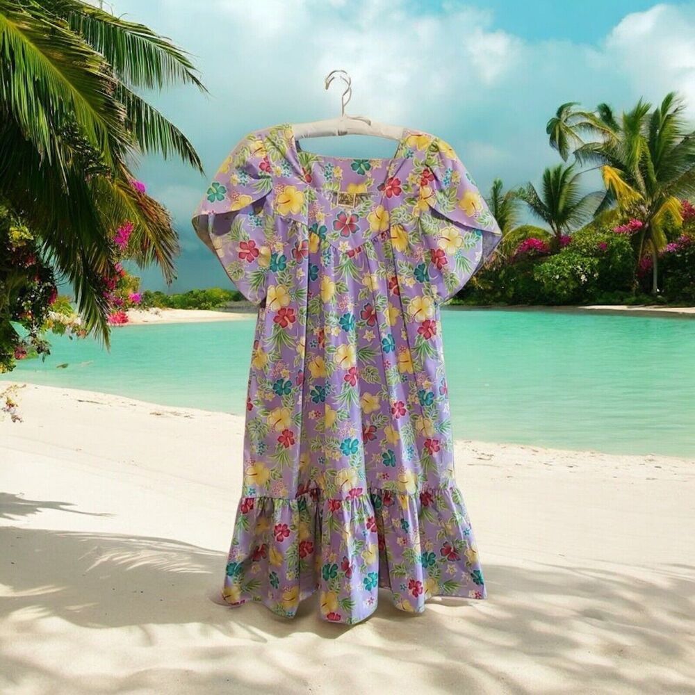 Winnie Fashion Hawaiian Muumuu Dress Size‎ 1X Tropical Floral Blue Side Pocket